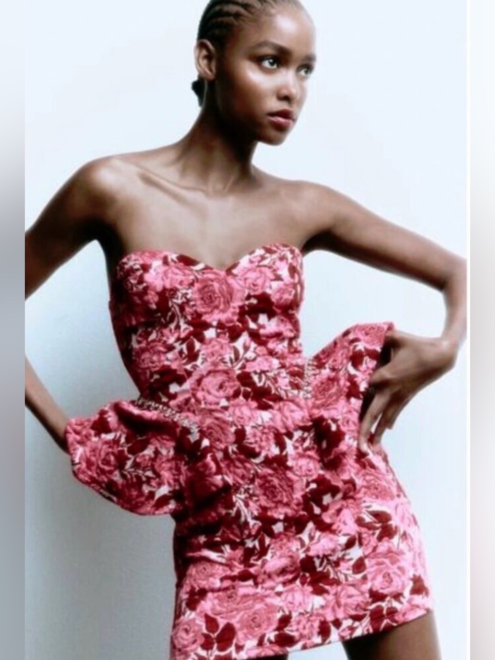 NWT ZARA Pink Floral Mini Dress Size M Jaquard Rhinestone Ruffle Rose Sweetheart